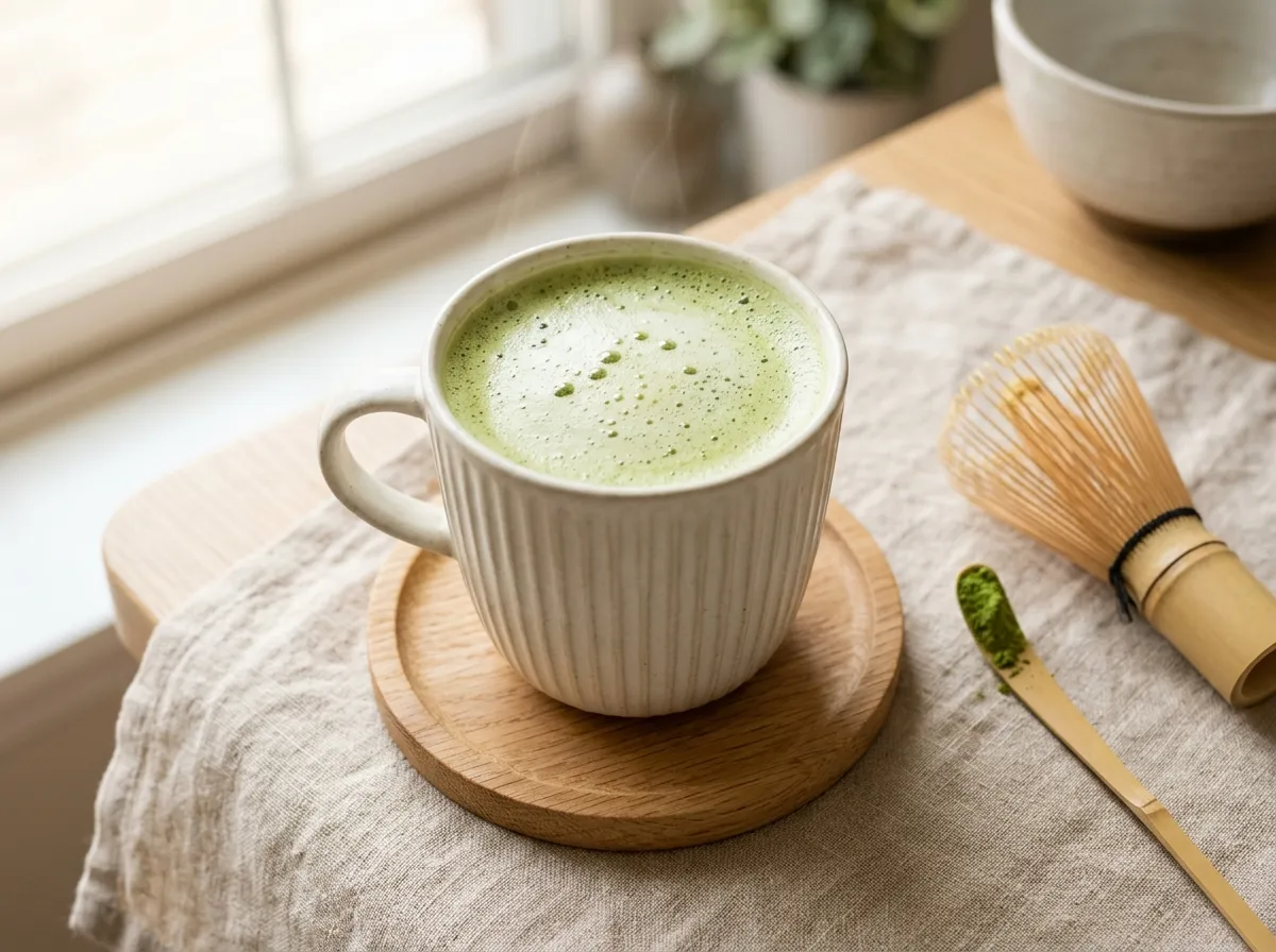 Infusión de té matcha recién batida con microespuma densa en taza de cerámica sobre posavasos de roble y batidor chasen