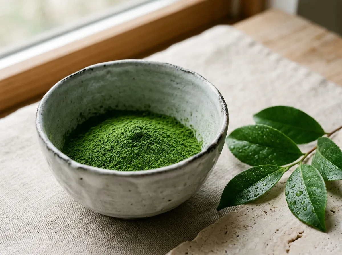Polvo fino de té verde matcha ceremonial en cuenco artesanal de cerámica con hojas frescas de Camellia sinensis
